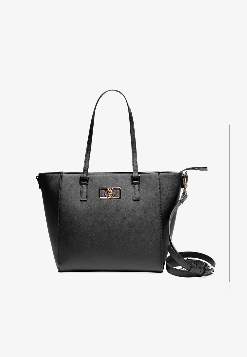 Borsa nera realizzata in materiale sintetico testurizzato, dotata di manici corti e lunghi, un gancio in tonalità oro e forma rettangolare.