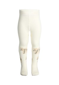 Weiße Kindertights mit einem Druckdesign von hellbraunen Tieren mit schwarzen Akzenten. Hergestellt aus weichem, elastischem Material für angenehmen Tragekomfort.