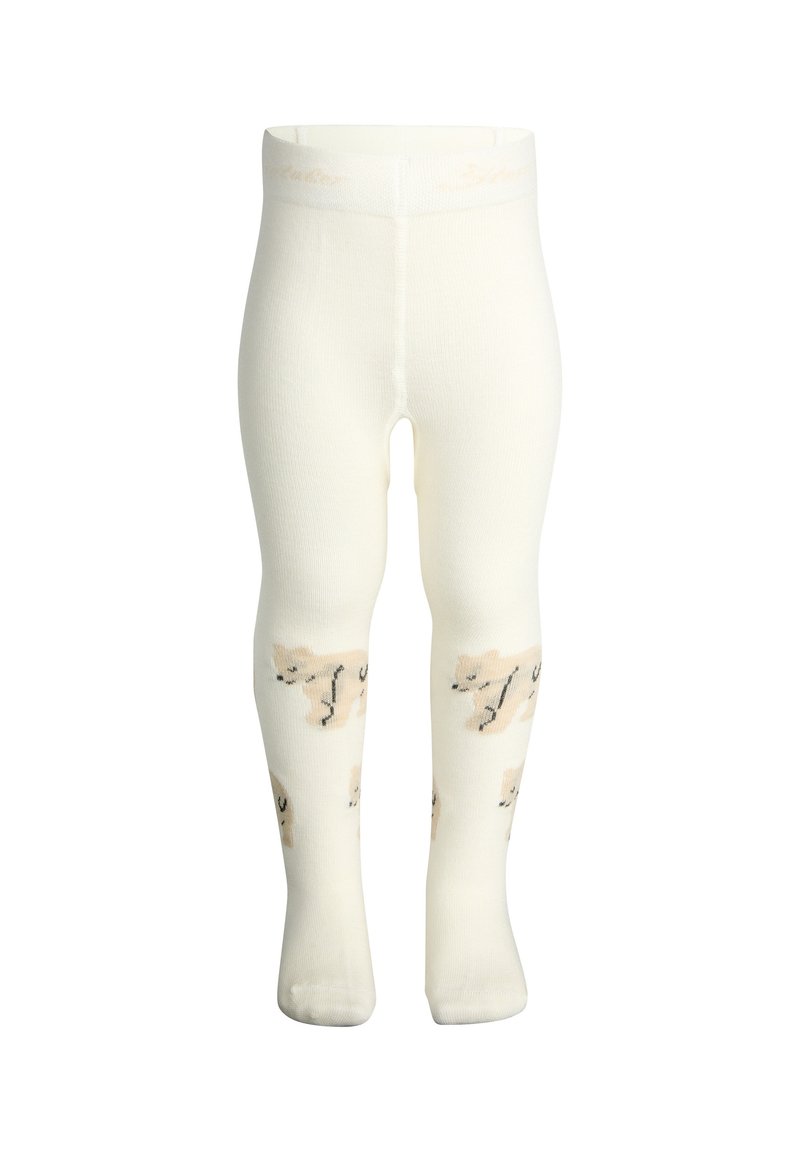 Weiße Kindertights mit einem Druckdesign von hellbraunen Tieren mit schwarzen Akzenten. Hergestellt aus weichem, elastischem Material für angenehmen Tragekomfort.