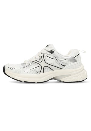 White athletic shoe featuring mesh upper, black accents, textured sole, and reflective details. Lace-up design with a padded collar.