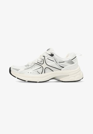 White athletic shoe featuring mesh upper, black accents, textured sole, and reflective details. Lace-up design with a padded collar.