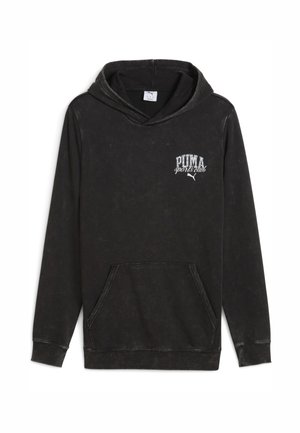 Zwarte hoodie met een zachte textuur, met een voorzak, een trekkoord capuchon en een wit "PUMA sports club" logo op de borst.