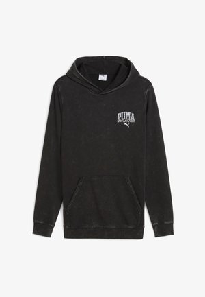 Czarna bluza z kapturem o miękkiej strukturze, z przednią kieszenią, kapturem ze sznurkiem i białym logo "PUMA sports club" na piersi.
