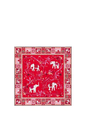 Red square scarf with white elephants adorned in patterned cloth, surrounded by floral vines and a decorative elephant-themed border.