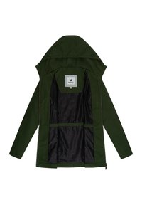Jachetă impermeabilă verde cu glugă, având o textură netedă, închidere cu fermoar și căptușeală interioară cu un model negru. Două buzunare interioare vizibile.