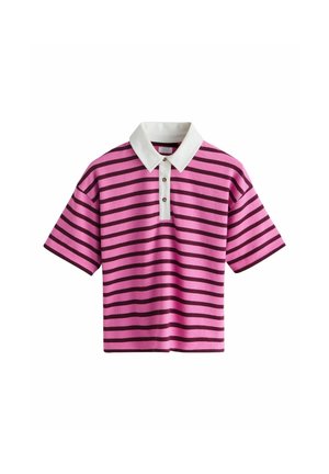 Rövid ujjú rózsaszín ing sötét vízszintes csíkokkal, fehér gallérral és három barna gombbal az első pamuton.