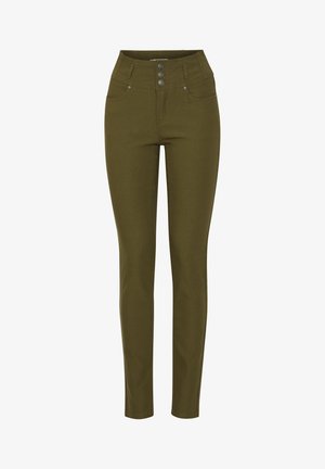 Olijfgroene hoog-waisted broek met een gladde textuur, vijf zakken, drie knoopsluitingen en gestikte details langs de naden.