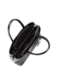 Borsa tote in pelle sintetica nera con due scomparti con zip, texture liscia, manici doppi e branding discreto all'interno.