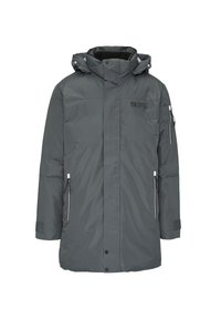 Graue gepolsterte Parka mit hohem Kragen und verstellbarem Kapuze. Verfügt über seitliche Zipper-Taschen und ein Logo auf der Brust. Glattes, wasserabweisendes Material.