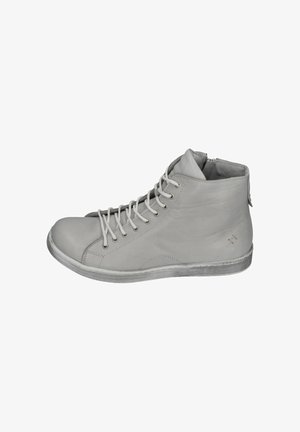 High-top gray leather sneaker with white laces, round toe, side zipper, and textured rubber sole.