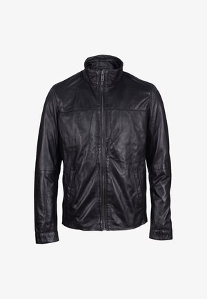 Schwarze Lederjacke mit Stehkragen, Frontreißverschluss und zwei Seitentaschen; glatte Textur und taillierte Passform mit dezenten Nähdetails.