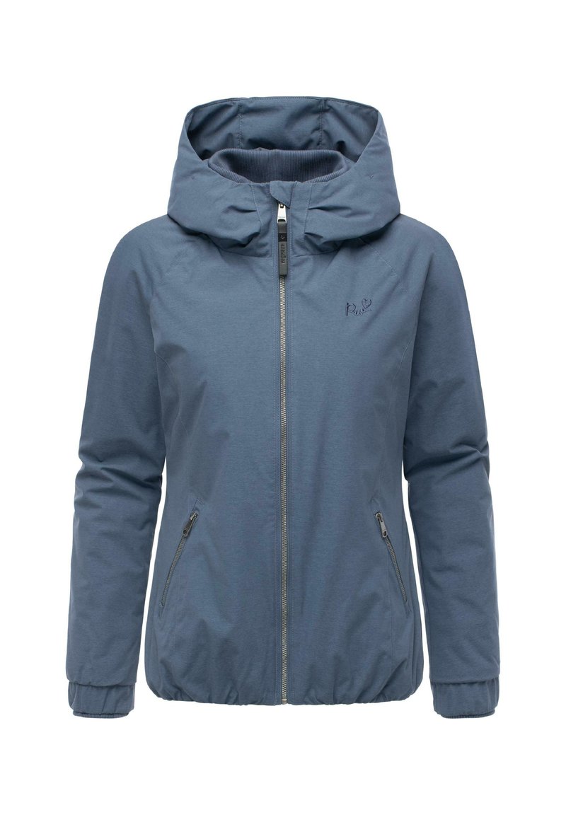 Niebieska damska kurtka z kapturem, z frontowym zamkiem błyskawicznym i dwoma bocznymi kieszeniami na zamek, elastycznymi mankietami oraz subtelnym haftowanym logo na piersi.