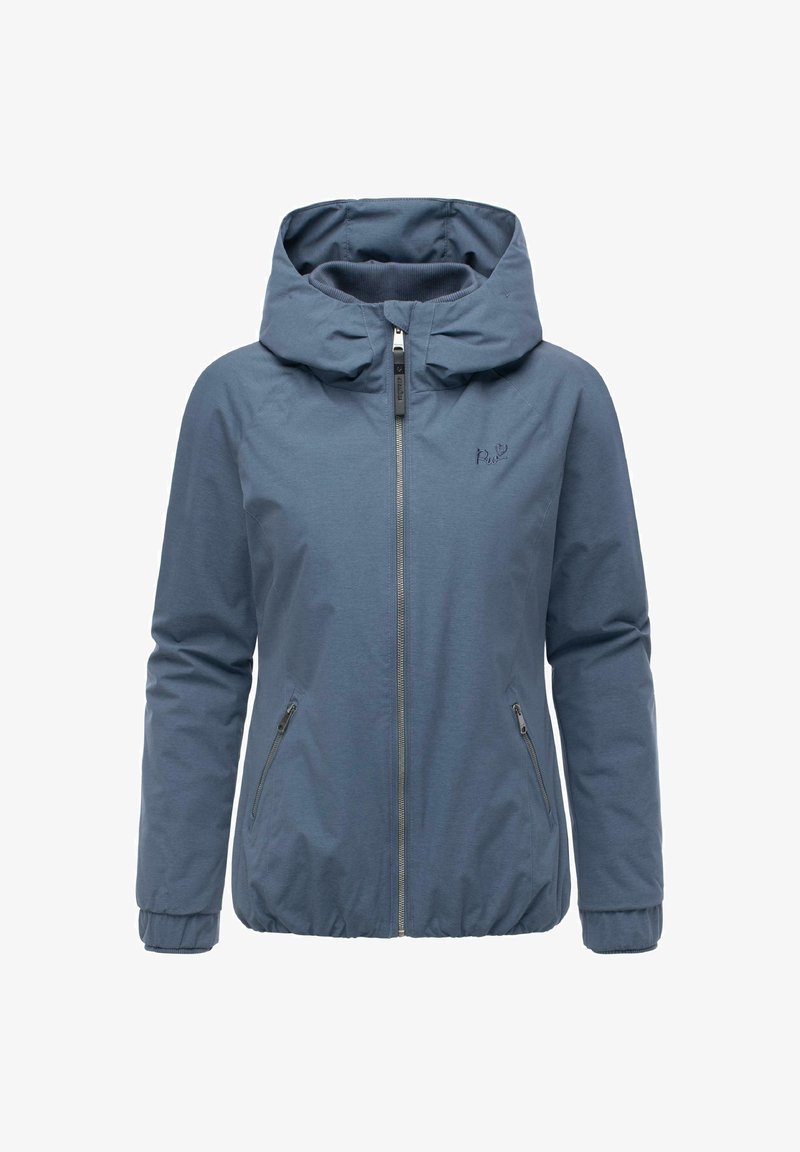 Niebieska damska kurtka z kapturem, z frontowym zamkiem błyskawicznym i dwoma bocznymi kieszeniami na zamek, elastycznymi mankietami oraz subtelnym haftowanym logo na piersi.