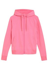 Sudadera con capucha y cremallera en color rosa, con cordón en la capucha, puños acanalados y bolsillos delanteros. Hecha de tela suave con mangas raglán.