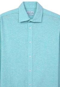 Camicia button-up turchese chiaro realizzata in tessuto testurizzato, con colletto a punta, vestibilità regolare e cinque bottoni bianchi sul davanti.
