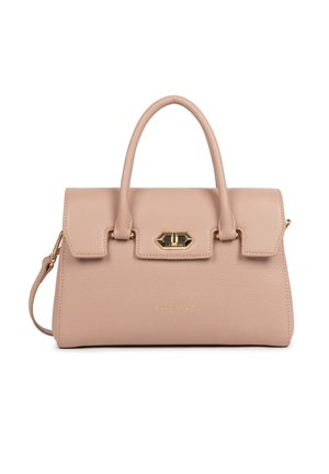 Borsa in pelle rosa pallido con due manici rotondi, chiusura tono oro e logo del marchio discreto sulla parte anteriore.