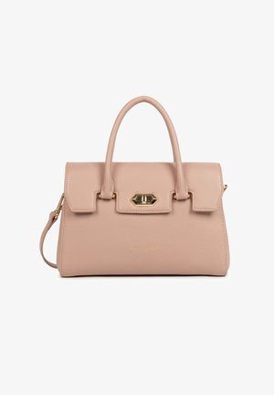 Borsa in pelle rosa pallido con due manici rotondi, chiusura tono oro e logo del marchio discreto sulla parte anteriore.