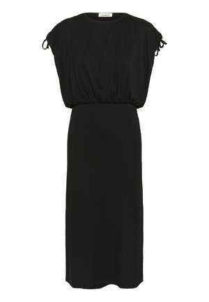 Črna obleka iz mehke tkanine, s sproščenim krojem, nabranim dizajnom, kratkimi rokavi z zvezanjem in silhueto do kolen.