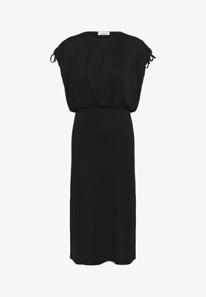 Črna obleka iz mehke tkanine, s sproščenim krojem, nabranim dizajnom, kratkimi rokavi z zvezanjem in silhueto do kolen.