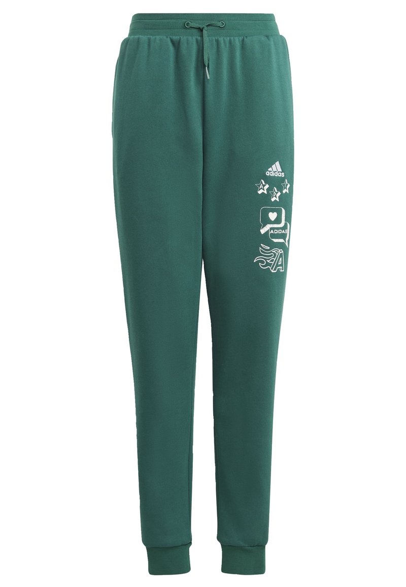 Pantalones de chándal de algodón verde con cinturilla elástica, cordón y puños acanalados. Presenta estampados gráficos en blanco, incluyendo un logo y patrones de estrellas.