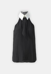 Black sleeveless halter top with a white collar and a bow tie detail. Smooth texture, collar features two buttons, minimalist design.