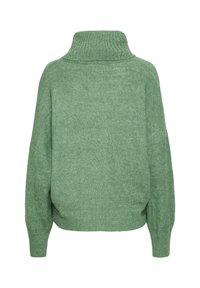 Pull à col roulé vert en maille avec manches longues et poignets côtelés, vu de dos sur fond blanc.