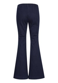 Dark blue denim flared trousers featuring a smooth texture, back pockets, and a high waist design. Clean hem with subtle stitching details.