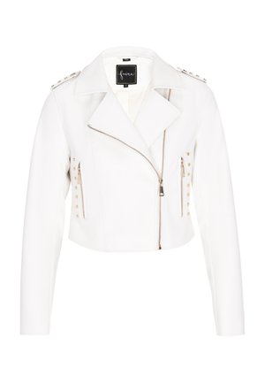 White faux leather cropped jacket with a notched collar, zippered front, and metallic stud accents on the sleeves and body.