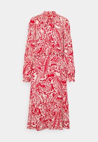 Vestito lungo rosso e bianco a fiori con scollatura alta, maniche lunghe e vita elastica. Presenta un motivo paisley su tutta la superficie.