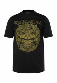 Černé bavlněné tričko s žlutým grafickým designem postavy ve stylu samuraje s propracovanými vzory a textem "Iron Maiden" nahoře.