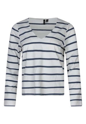 Camisa blanca de manga larga con rayas horizontales azul marino y cuello en V, mostrada sobre un fondo blanco.