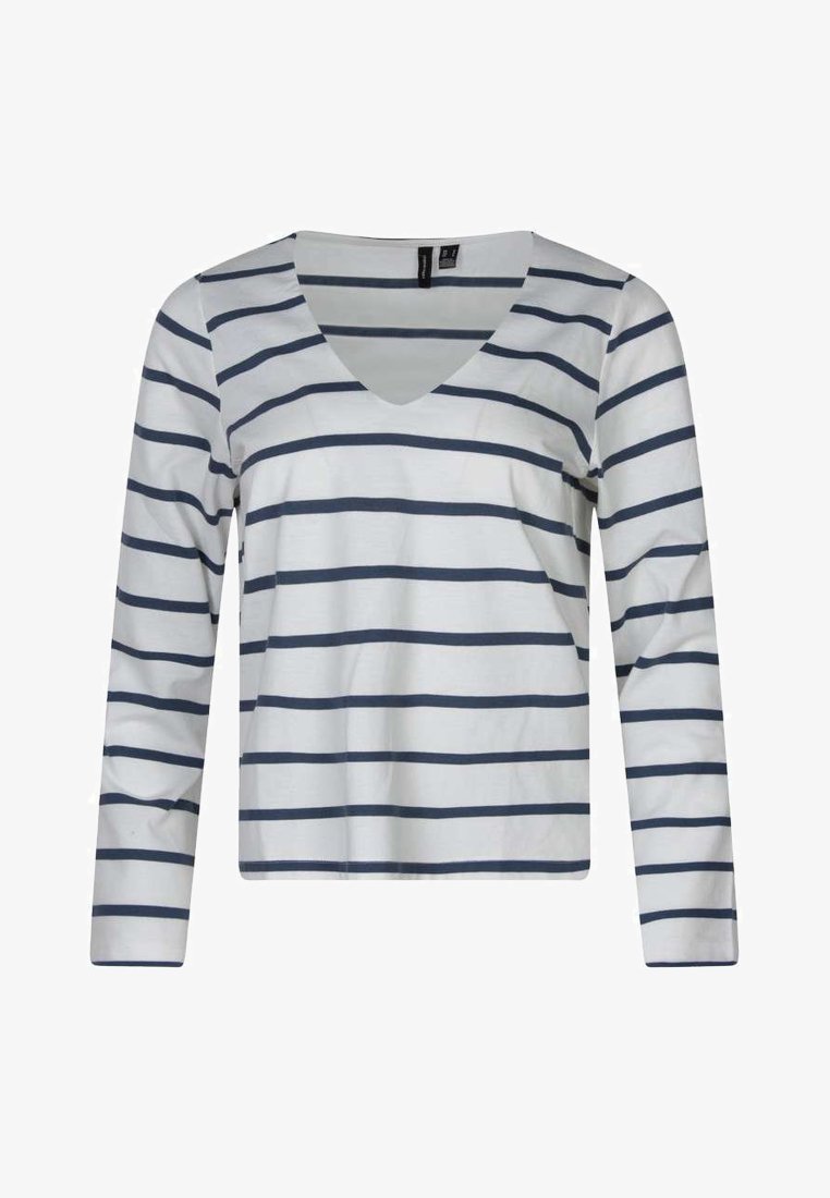 Chemise blanche à manches longues avec des rayures horizontales bleu marine et un col en V, affichée sur un fond blanc.