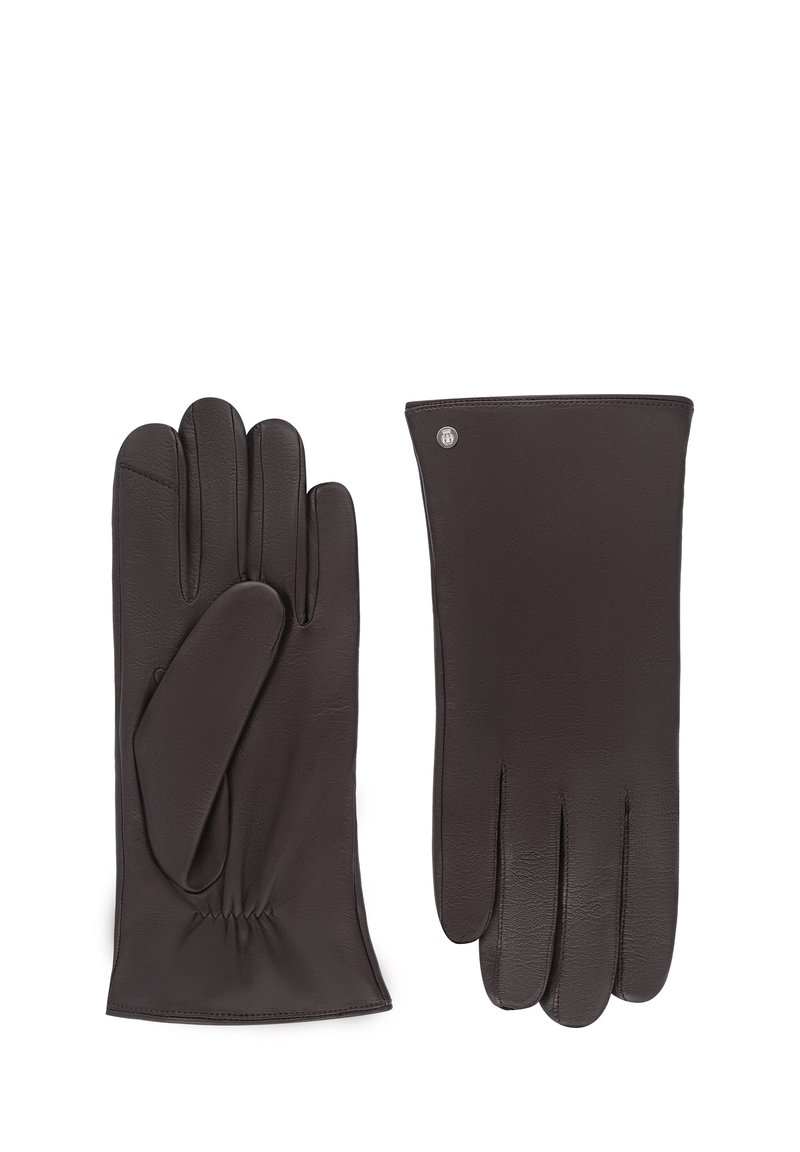 Ein Paar dunkelbraune Lederhandschuhe, einer zeigt die Handfläche mit elastischem Handgelenk, der andere zeigt die Rückseite mit einem kleinen metallischen Emblem in der Nähe des Bündchens.