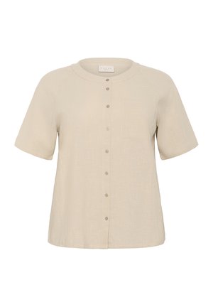 Short-sleeve beige shirt made of lightweight fabric featuring a round neckline, front buttons, and a small chest pocket.