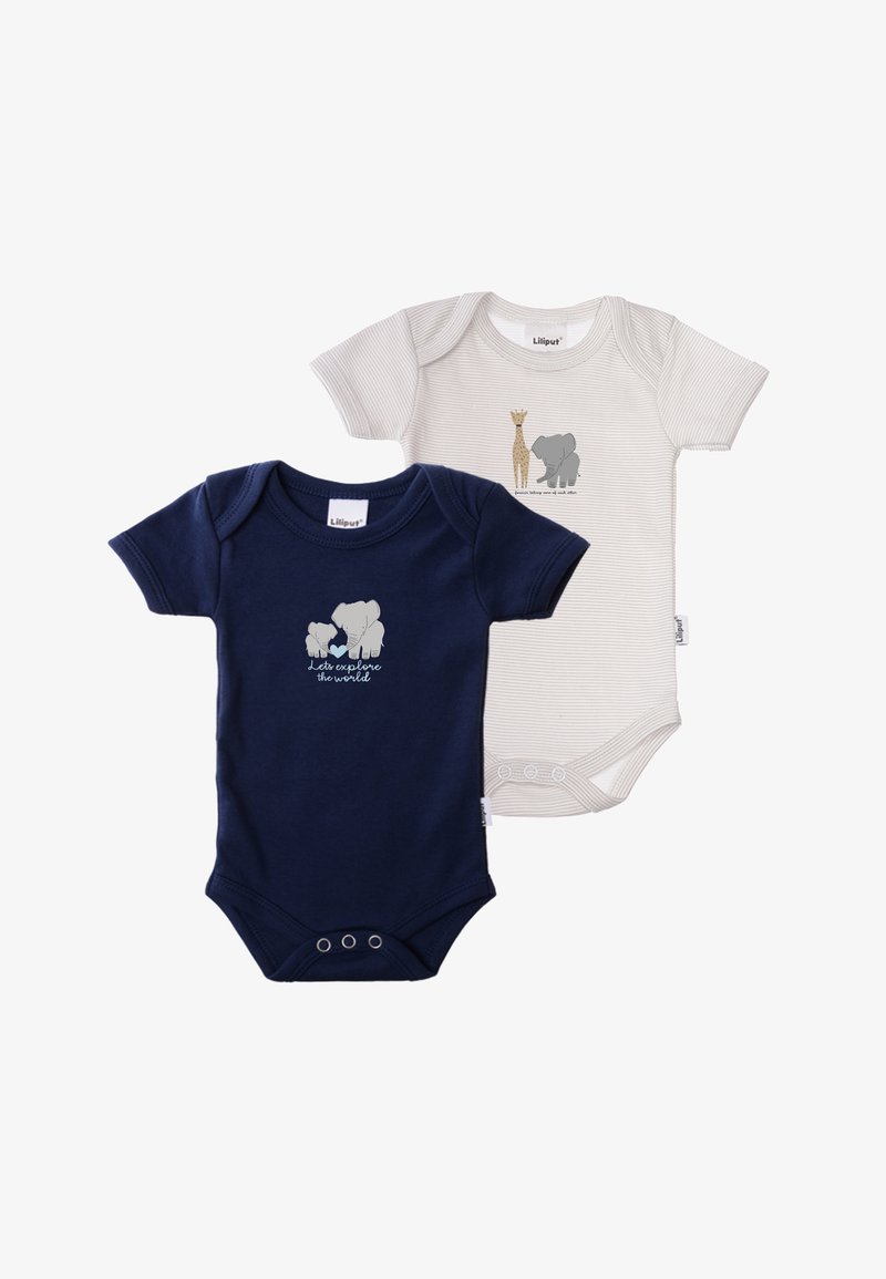 Two baby bodysuits: one navy with an elephant graphic, and one striped cream with a giraffe and elephant print. Both feature snap closures.