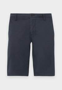 Shorts bleu marine en tissu texturé, dotés d'une fermeture à bouton à l'avant, de passants de ceinture et de poches latérales standards.