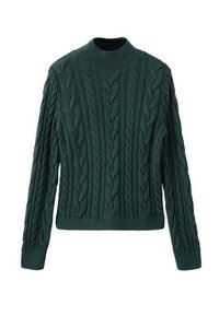 Sudadera verde de punto trenzado con cuello alto, que presenta intrincados patrones retorcidos, mangas largas y puños y dobladillo de canalé. Hecha de una tela suave.