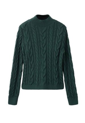 Zeleno pulover z pletenim vzorcem in visokim ovratnikom, ki vključuje zapletene zvite vzorce, dolge rokave ter rebraste manšete in rob. Narejeno iz mehkega materiala.