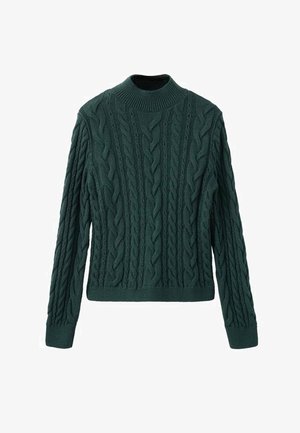 Zeleni džemper pleten s visokim ovratnikom, s detaljno vrtnim uzorcima, dugim rukavima te rebrastim manžetama i rubom. Izrađen od mekog materijala.