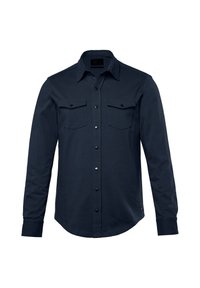 Marineblauwe lange mouwen shirt van een katoenmengsel, met een knoopsluiting aan de voorkant, twee borstzakken met kleppen en zwarte metalen knopen.