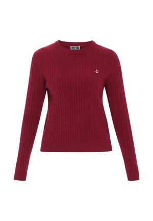 Red cable-knit sweater with long sleeves, round neckline, and small anchor emblem on the left chest. Ribbed cuffs and hem.