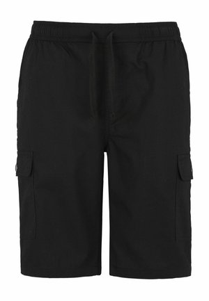 Schwarze Cargo-Shorts mit elastischem Bund, Kordelzug und zwei Seitentaschen. Hergestellt aus leichtem Stoff mit einer glatten Textur.