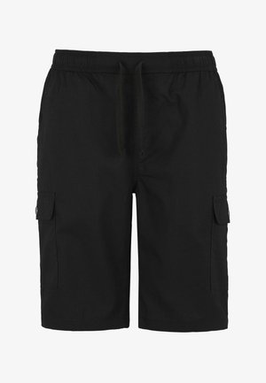 Mustat cargo-shortsit, joissa on joustava vyötärö, nauha ja kaksi sivutaskua. Valmistettu kevyestä kankaasta, jossa on sileä pinta.