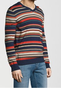 Homme portant un pull à col en V à rayures horizontales multicolores et un jean bleu, debout devant un fond clair uni.