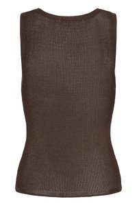 Top marron côtelé sans manches avec un col rond et une silhouette ajustée.