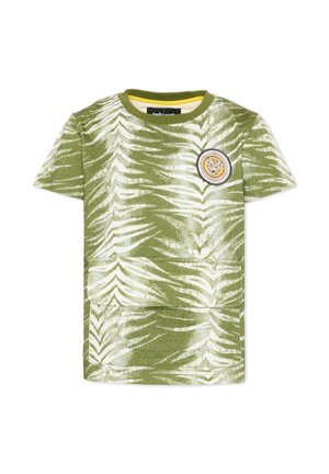 Groen-wit tijgerstreepjespatroon kort mouwen shirt met een tijgergezicht applicatie op de linkerborst en een groene kraag.