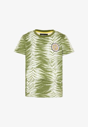 Koszula z krótkim rękawem w zielono-biały wzór pasków tygrysa, z naszywką z twarzą tygrysa na lewej piersi i zielonym kołnierzem.