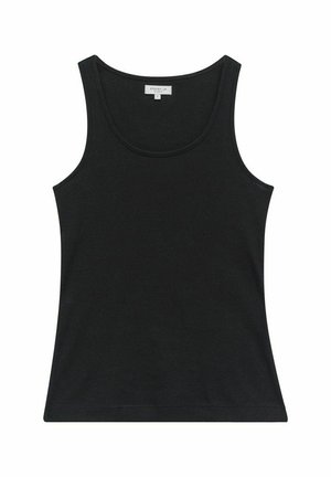 Sort ribbet tanktop med rund halsudskæring og brede skulderstropper. Stoffet virker blødt og strækbart, velegnet til lag-på-lag eller afslappet brug.
