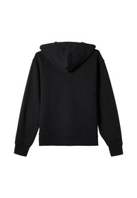 Black hooded sweatshirt with long sleeves, soft fabric, ribbed cuffs and hem, and a centered back seam and hood. No front design details visible.