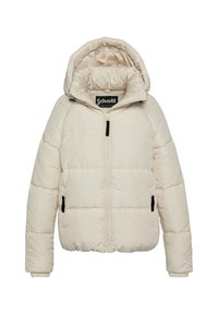 Lun, cremefarvet jakke med hætte, der har en fuld lynlås foran, to lynlåslommer i siderne og syede, horisontale paneler.